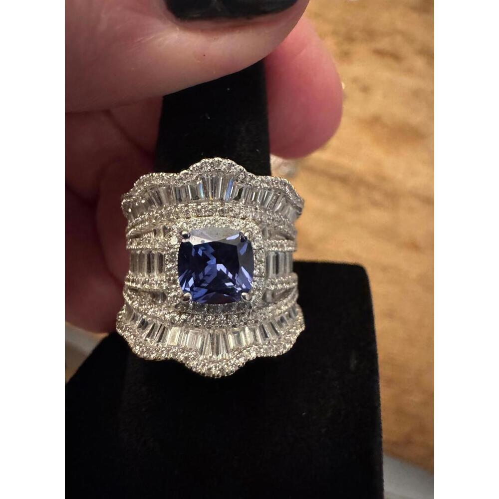 Vintage Simulated Diamonds and Sapphire Ring-Size 7